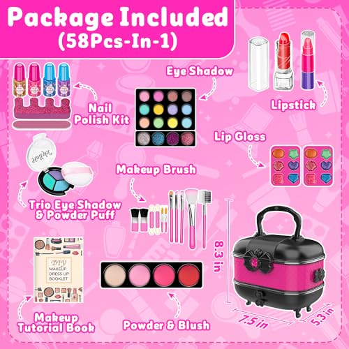 Hollyhi 58 Pcs Kids Makeup Toys Kit for Girls, Real Washable Make Up Set | Safety Material Certificates, Non-Toxic, Storage Case with Mirror, Birthday Gifts for 3 4 5 6 7 8 9 10 11 12 Years Old (Rose)