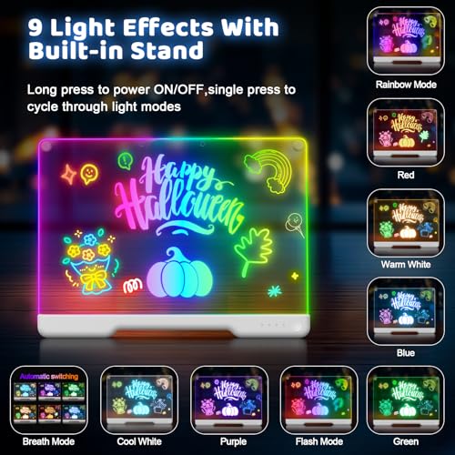 Geokay 16" Rechargeable LED Drawing Board with 9-Color Light Effects | Birthday & Christmas Gift Idea for Girls/Boys/Kids/Teens, Doodle Neon Glow Pad with Built-in Stand Tracing Book & 7 Markers