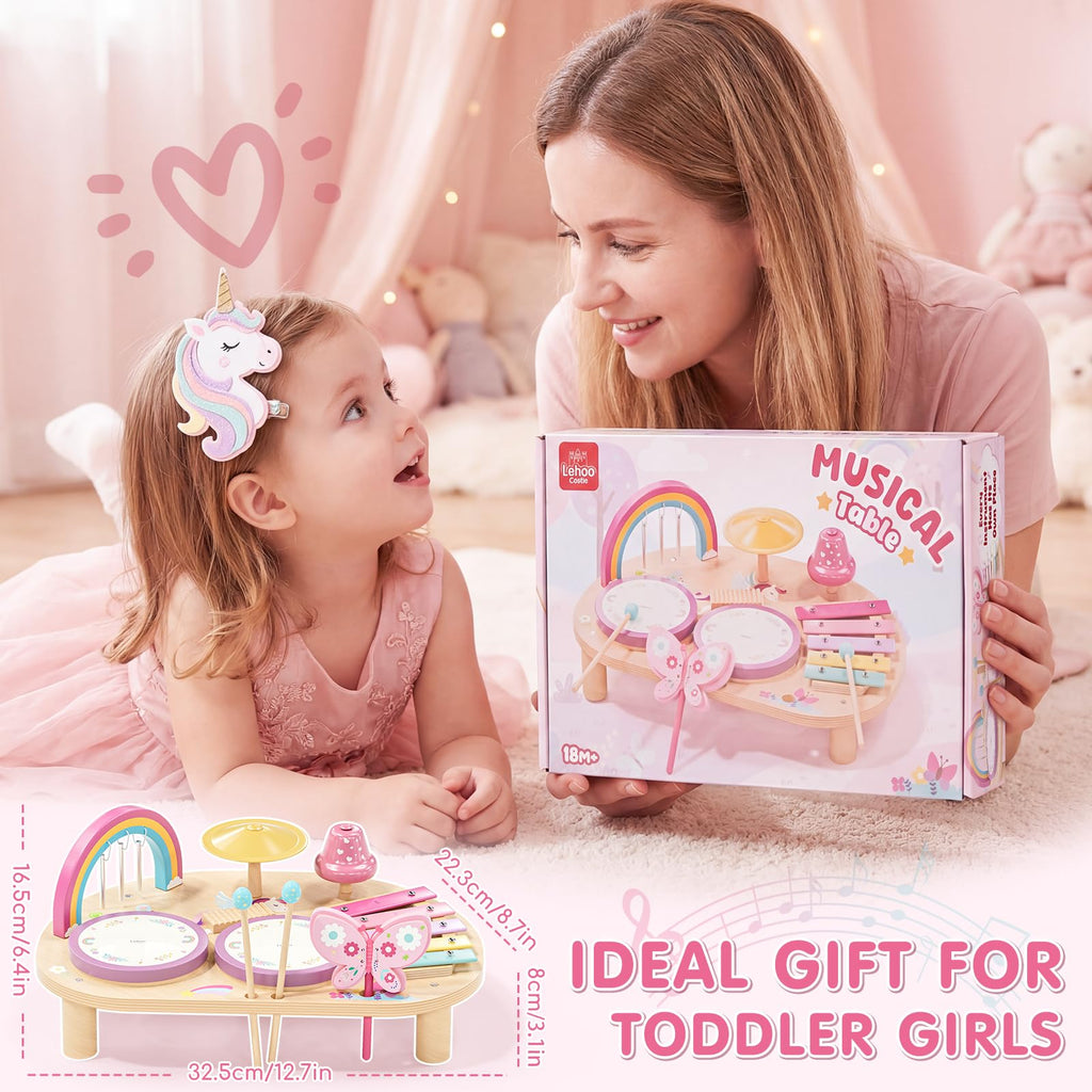 Lehoo Castle Toddler Drum Set Wooden, Unicorn Montessori Toys for Girls | Baby Drum Set Music Toys with Xylophone, 7 in 1 Toddler Musical Instruments, Educational Birthday Gift for 12-18 Months Girl