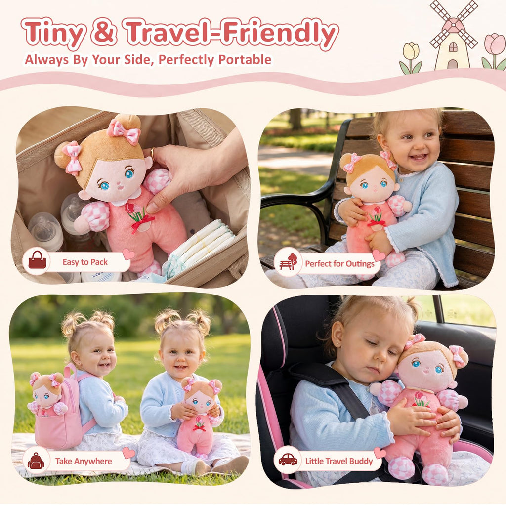 OUOZZZ Soft Baby Doll 10" Tulip Pink Snuggle Buddy Doll | First Birthday Toys for 1 Year Old Girl, Ideal 1 Year Old Girl Gifts & Baby Girl Gifts, Cuddly Toy for Infants & Toddlers