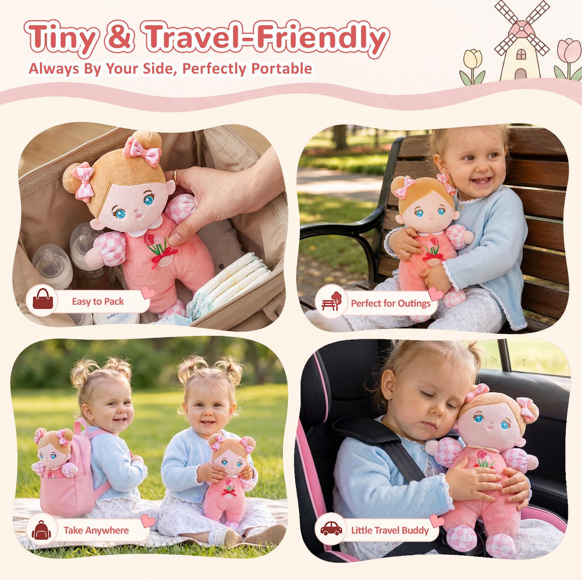 OUOZZZ Soft Baby Doll 10" Tulip Pink Snuggle Buddy Doll | First Birthday Toys for 1 Year Old Girl, Ideal 1 Year Old Girl Gifts & Baby Girl Gifts, Cuddly Toy for Infants & Toddlers
