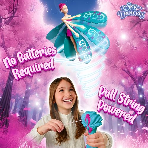 Sky Dancers Flying Doll, Pull-String Toy, No Batteries, Turquoise Twinkle | Really flies; Pull-string powered; No batteries; Indoor/outdoor play; Screen-free fun; Ages 6+, retro