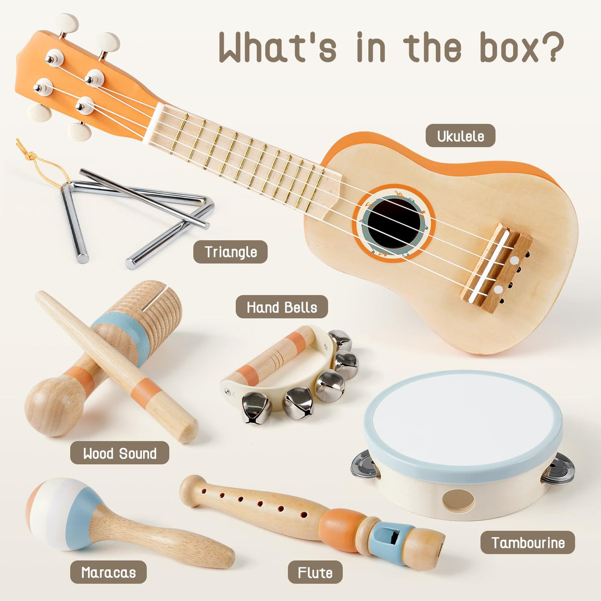 Vanplay Kids Guitar Set, 7-Piece Wooden Musical Instruments for Toddler 2-3 | Musical Band Set with wooden Ukulele/Flute/Maracas/Tambourine, Christmas/Birthday Gift for Boys & Girls Age 2 3 4 5