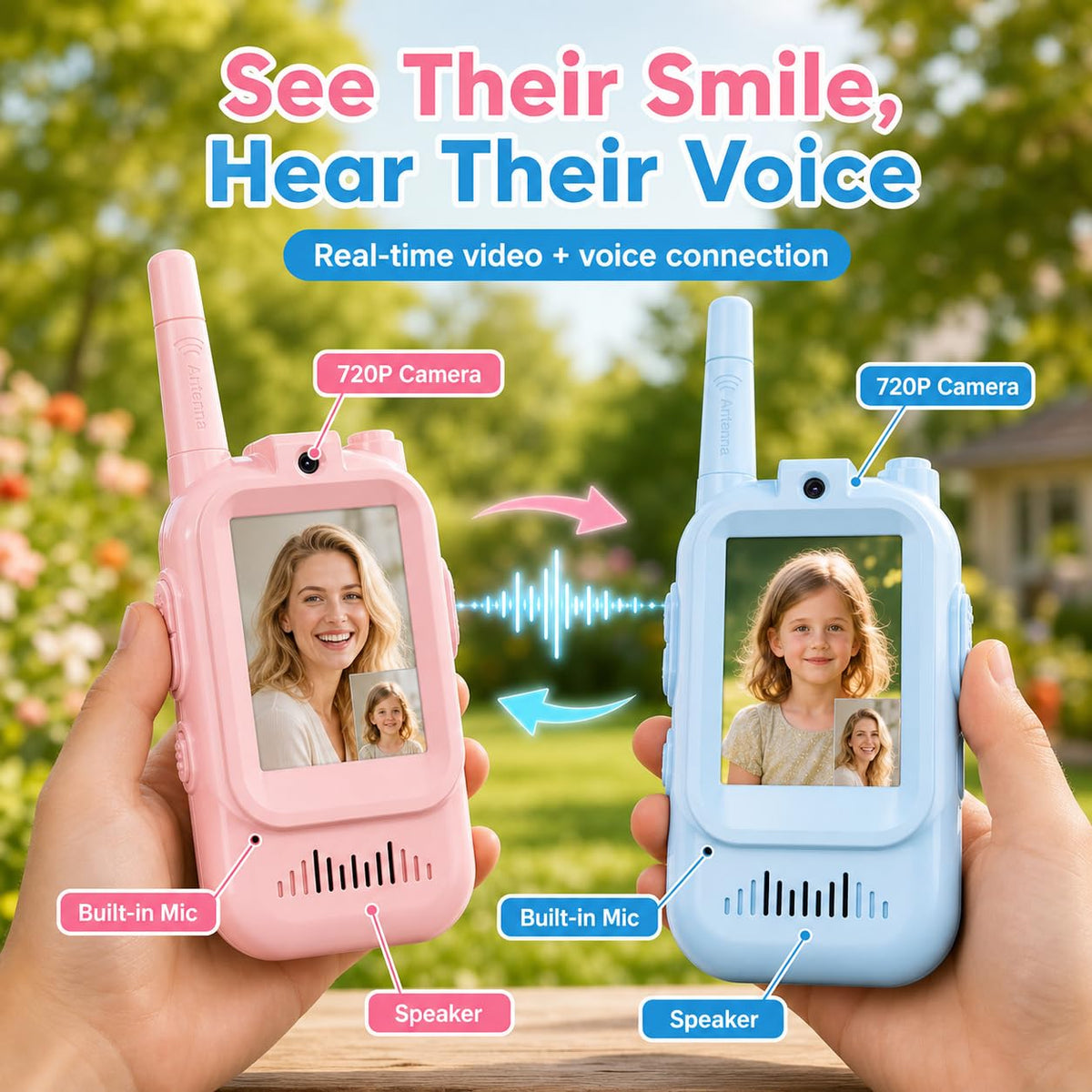 Video Walkie Talkies for Kids, 2 Pack Rechargeable with Screen | No WiFi Auto Pairing, Voice Changer | Indoor Outdoor Toys for Camping & Birthday Gifts for Boys Girls Ages 3-12, 500m Range