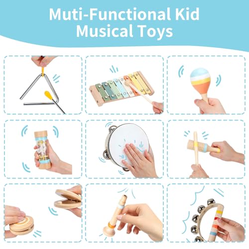 Kids Musical Instruments Set Wooden Montessori Toys for Boys and Girls | musical toy for kids 18 month+, xylophone tambourine set for kids preschool educational, Christmas birthday gift