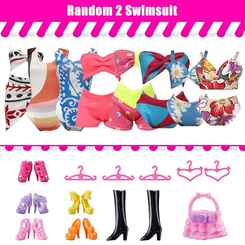30 Pieces Doll Clothes and Accessories for 11.5 Inch Girl Dolls Including Random 5 Tops, 5 Pants, Random 3 Dresses, Random 3 Fashionable Dresses, Random 2 Swimwear, 6 Pairs of Shoes, 1 Bag, 5 Hangers