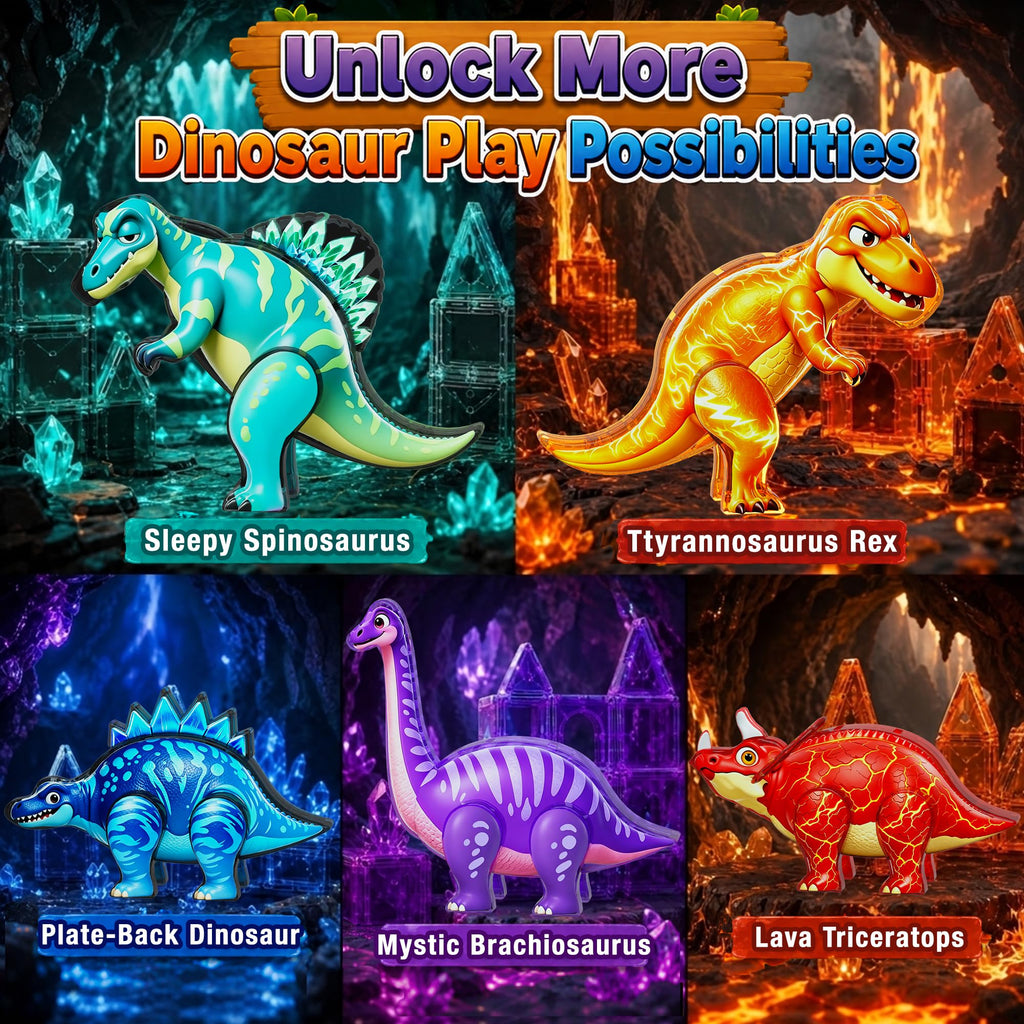 Dinosaur Toys Magnetic Tiles, 5 Movable Lava Dinosaur Toys for Kids 3-5 5-7 | 3 4 5 Year Old Boy Birthday Gift for Dinosaurs Lovers, STEM Educational Magnetic Blocks for Girls Boys Toy Age 4-6 6-8