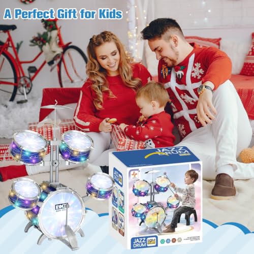 Kids Drum Set for Toddlers 1-3, 5-Piece Light Up Jazz Drum Kit with Stool | Upgraded Jazz Drum Set for Kids, Lights Musical Instrument, Beginner Kit, Birthday Christmas Gift for Boys Girls Ages 3-5 5-7