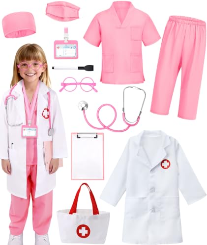 Boutrele 12 PCS Doctor Costume for Kids,Scrubs Nurse Costume for Girls Boys | Kids Doctor Costume,Scrubs with Lab Coat,Career Day Costumes for Kids,Halloween Costume,Educational Pretend Play Doctor Kits