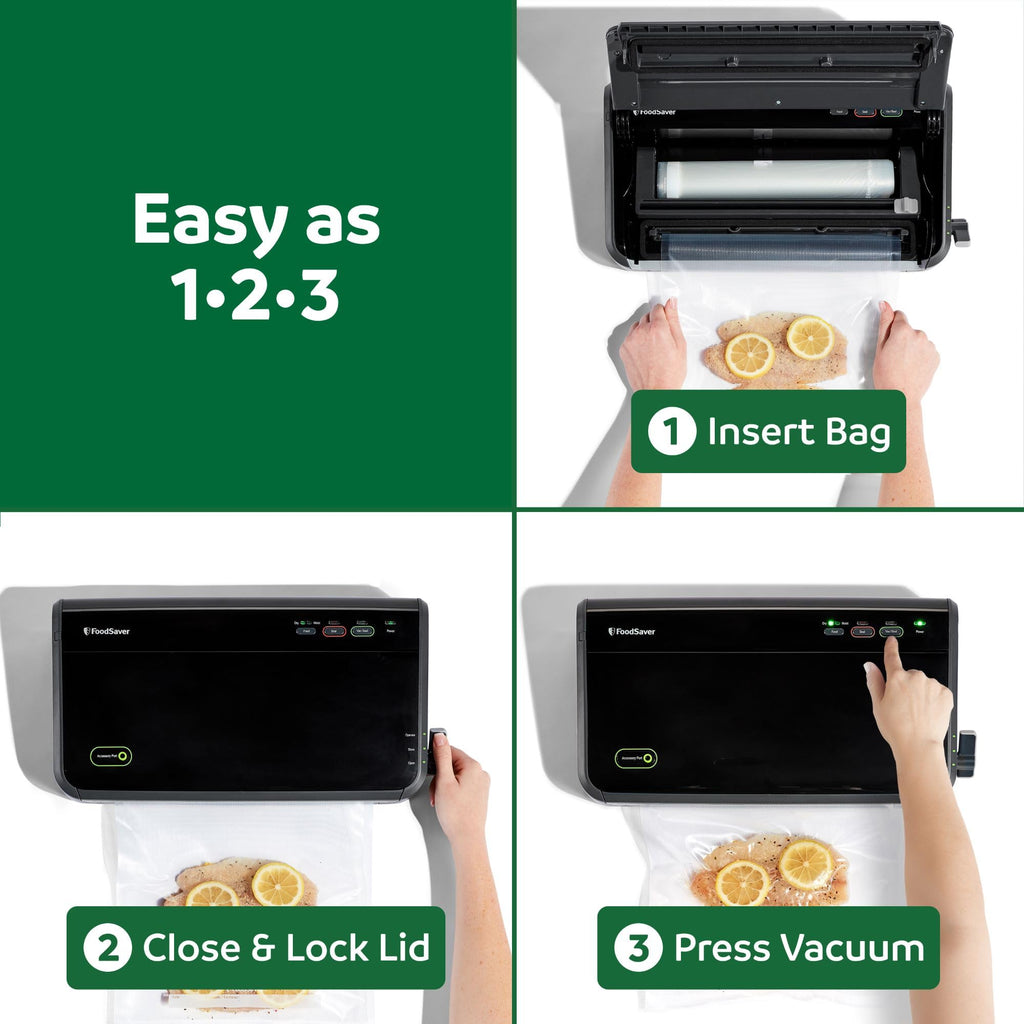 FoodSaver FM2100 Vacuum Sealer Machine, One-Touch Sealing, Roll Storage & Cutter, Dry & Moist Food, For Sous Vide Cooking, Accessory Port & Hose, Starter Bags & Roll Included