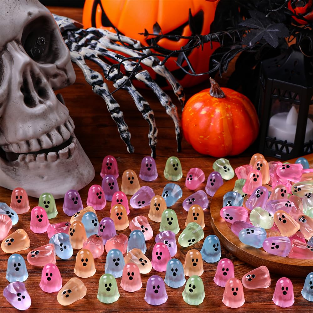 DULEFUN 100pcs Halloween Mini Ghosts Figures, Luminous Small Little Resin Ghost Figurines to Hide Glow in The Dark Tiny Statue for Halloween Party Favors Dollhouse Decorations Toys