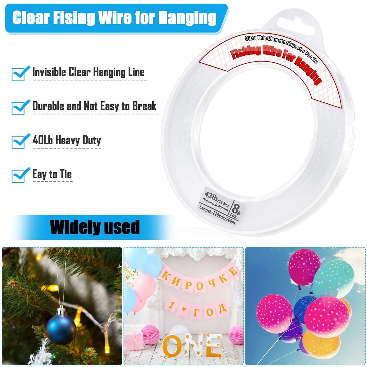 Clear Fishing Wire, Acejoz 656FT Fishing Line Clear Invisible Hanging Wire Strong Nylon String Supports 40 Pounds for Balloon Garland Hanging Decorations