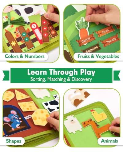 hahaland Busy Book for Toddlers 1-3 - Montessori Toys 1 Year Old Busy Board | 1 Year Old Boy Gifts Educational Quiet Activity Books 10 Pages, Toddler Christmas Stocking Stuffers One Year Old Travel Toys