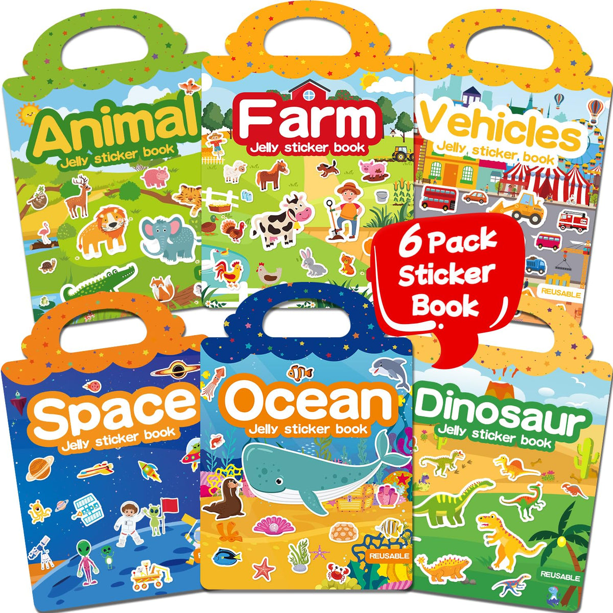 6 Sets Reusable Sticker Book for Toddlers 3-6, Jelly Stickers Book for Kids, Travel Sticker Activity Toys for Childs 3 4 5 6 Years Girls & Boys Best Gifts
