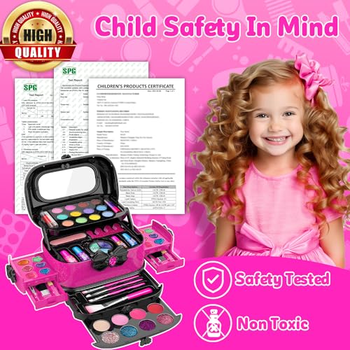 Hollyhi 58 Pcs Kids Makeup Toys Kit for Girls, Real Washable Make Up Set | Safety Material Certificates, Non-Toxic, Storage Case with Mirror, Birthday Gifts for 3 4 5 6 7 8 9 10 11 12 Years Old (Rose)