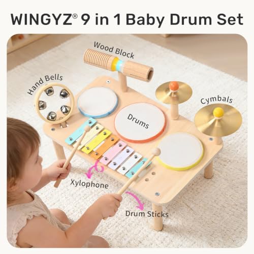 WINGYZ Kids Drum Set, 9-in-1 Montessori Toys | Wooden Musical Instruments for Toddlers, Baby Musical Toys with Drums, Xylophone, Helps Hand-Eye Coordination