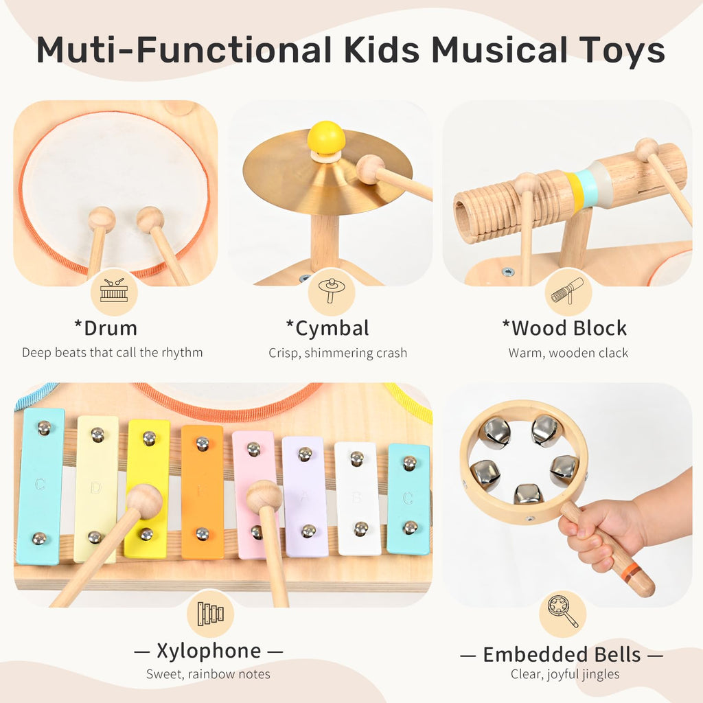 WINGYZ Kids Drum Set, 9-in-1 Montessori Toys | Wooden Musical Instruments for Toddlers, Baby Musical Toys with Drums, Xylophone, Helps Hand-Eye Coordination