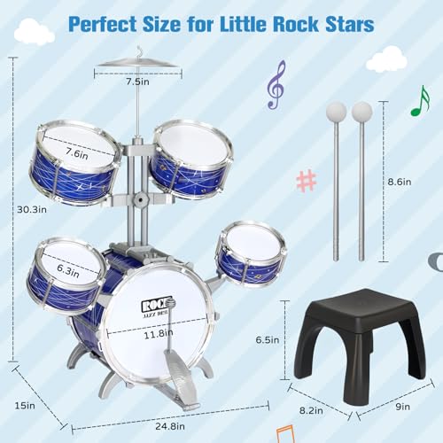 Kids Drum Set for Toddlers 1-3, 5-Piece Light Up Jazz Drum Kit with Stool | Upgraded Jazz Drum Set for Kids, Lights Musical Instrument, Beginner Kit, Birthday Christmas Gift for Boys Girls Ages 3-5 5-7