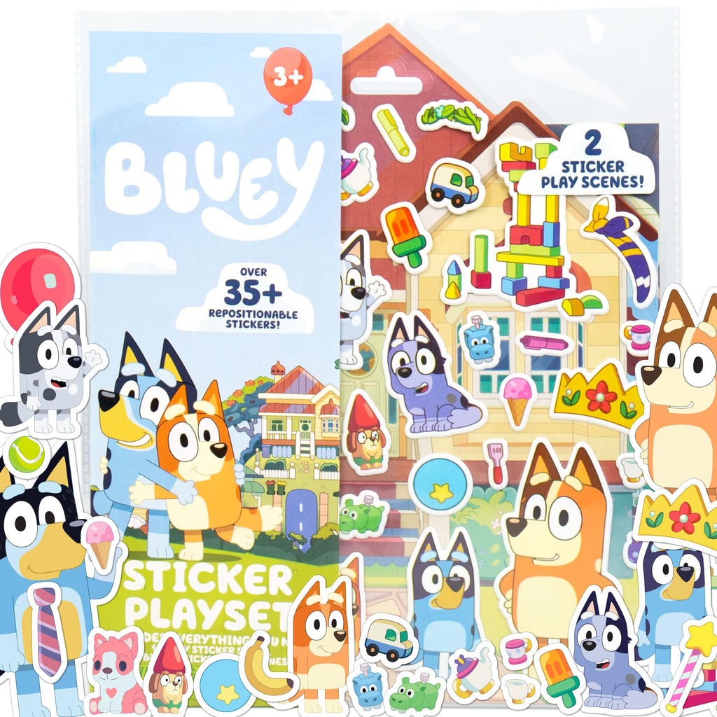 Horizon Group USA Bluey Sticker Playset, 2 Sticker Play Scenes, 35+ Reusable Puffy Bluey Repositionable Stickers for Kids, Perfect for Travel, Screen-Free Fun