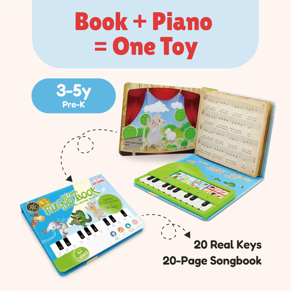 BEST LEARNING My First Piano Book - Toy Piano with Songbook for Kids | 10 Nursery Rhymes, 6 Instrument Sounds, Record and Playback, Educational Birthday Gift for 3 to 5 Year Old Boys and Girls