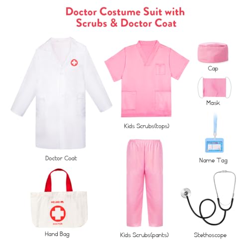 Meland Doctor Costume for Kids 3-10, Pretend Play Career Dress Up with Bag | Career exploration gift for boys girls Halloween, birthday, every day dress up, confortable for active kids