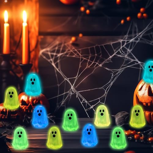 DULEFUN 100pcs Halloween Mini Ghosts Figures, Luminous Small Little Resin Ghost Figurines to Hide Glow in The Dark Tiny Statue for Halloween Party Favors Dollhouse Decorations Toys