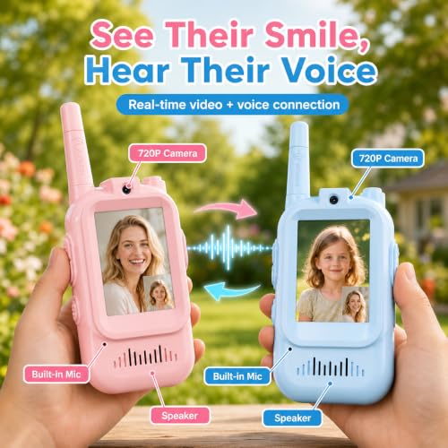 Video Walkie Talkies for Kids, 2 Pack Rechargeable with Screen | No WiFi Auto Pairing, Voice Changer | Indoor Outdoor Toys for Camping & Birthday Gifts for Boys Girls Ages 3-12, 500m Range
