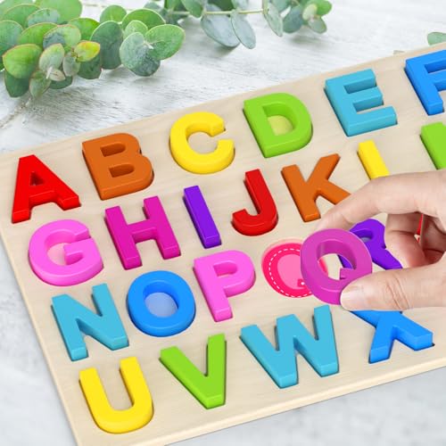 Zeoddler Alphabet Puzzles, Wooden Puzzles for Toddlers, ABC Shape Puzzles for Kids, Preschool Learning Activities, Gift for Girls Boys