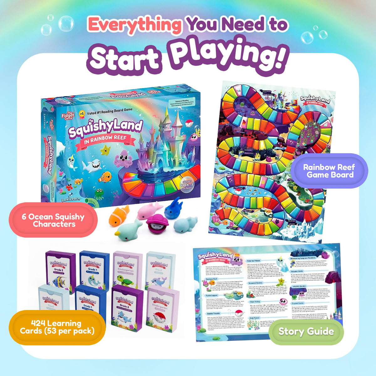 The Fidget Game SquishyLand in Rainbow Reef Board Game, Pre-K to 2nd Grade | Educational & Phonics Kindergarten Learning Activities, Mochi Squishy Toys Set, 2-6 Players