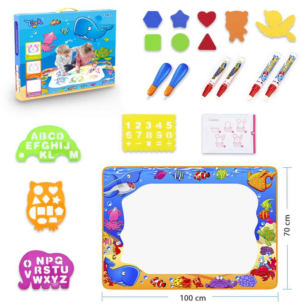 Water Doodle Mat - Kids Color Painting Toy, Gift Set for Toddlers 2-7 | Great Educational Water Doodle Mat - Toddler Painting Toy Gift with Fun Stencils, Magic Pens & Drawing Templates for Kids