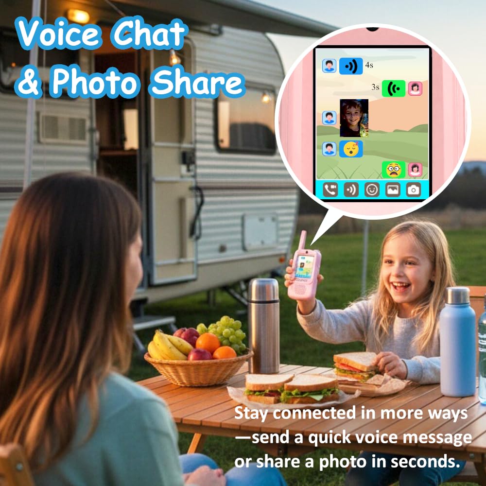 Upgraded Kids Video Walkie Talkies 2 Pack, Rechargeable Long Range Walkie Talkies for Kids, Video Intercom with Voice-Changing, Photo Sharing, Voice Chat, Emoji Messaging Modes