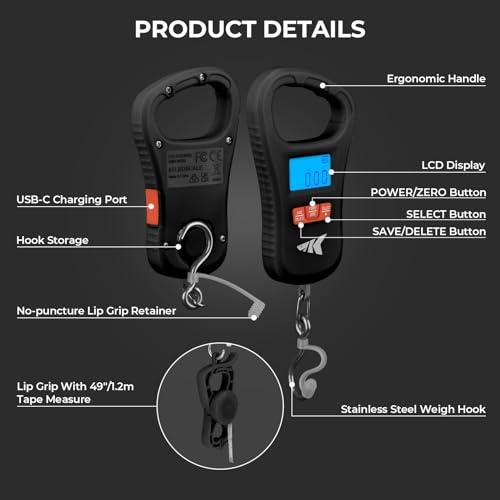 KastKing ToughTide USB Charging Fish Scale with Lip Gripper, Black Combo