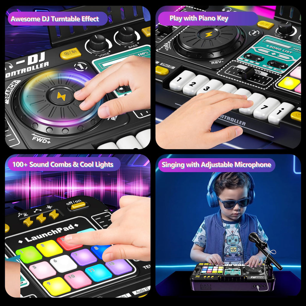 Tsomtto Kids DJ Mixer Table Musical Toy with Lights & Bluetooth | Electronic Music Toy with Microphone Piano, DJ Mixer Controller Toys Birthday Christmas Gifts for 3 4 5 6 Year Old Boys Girls