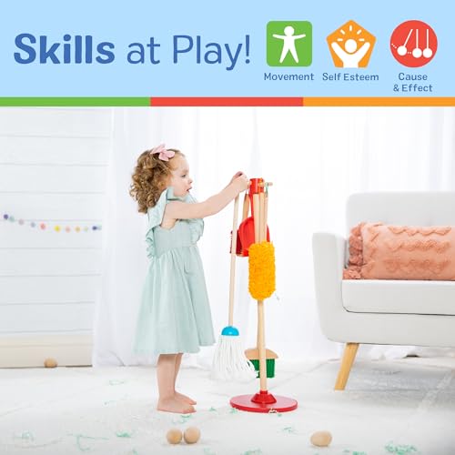 Melissa & Doug Dust Sweep Mop 6-Piece Wooden Cleaning Toy Set | 6 Pcs, Cleaning Pretend Play, Wooden Broom, Mop, Duster, Dustpan, Brush, Toy Storage Stand, Preschool Toys for Kids, Ages 3+