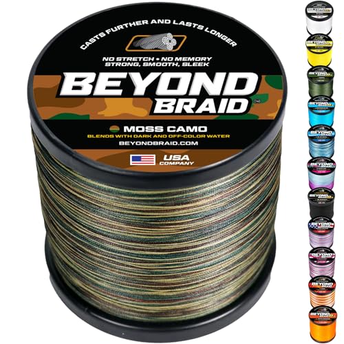 Beyond Braid Braided Fishing Line -Super Strong - Abrasion Resistant - No Stretch -Blue Camo, Moss Camo, White, Green, Pink, Blue, 4 Strand 8 Strand