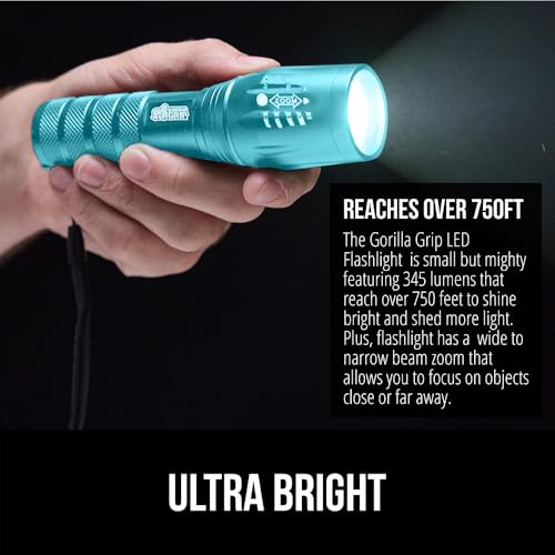 GORILLA GRIP Powerful LED Tactical Flashlight, Turquoise | Water Resistant 750 FT Lumen, 5 Adjustable Modes, Ultra Bright Zoom , Small Mini Flashlights, Camping, Night Dog Walking