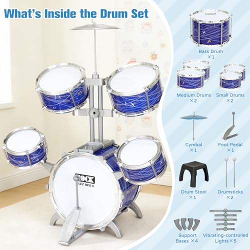 Kids Drum Set for Toddlers 1-3, 5-Piece Light Up Jazz Drum Kit with Stool | Upgraded Jazz Drum Set for Kids, Lights Musical Instrument, Beginner Kit, Birthday Christmas Gift for Boys Girls Ages 3-5 5-7