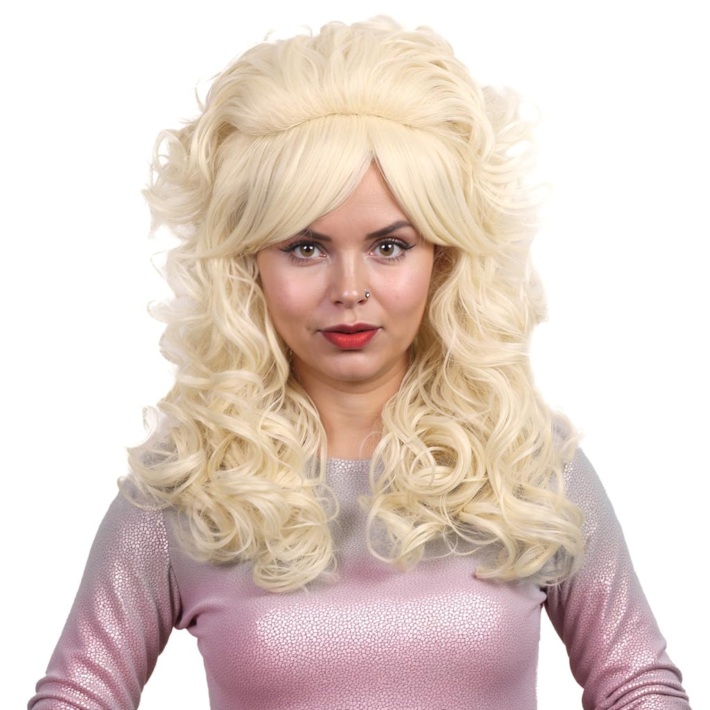 FantaLook Blonde Long Curly Wig with Bangs, Vintage Costume Wig for Women | Retro 60s 70s 80s styling wig, ideal for queen cosplay, Halloween party, disco & themed fancy dress events.