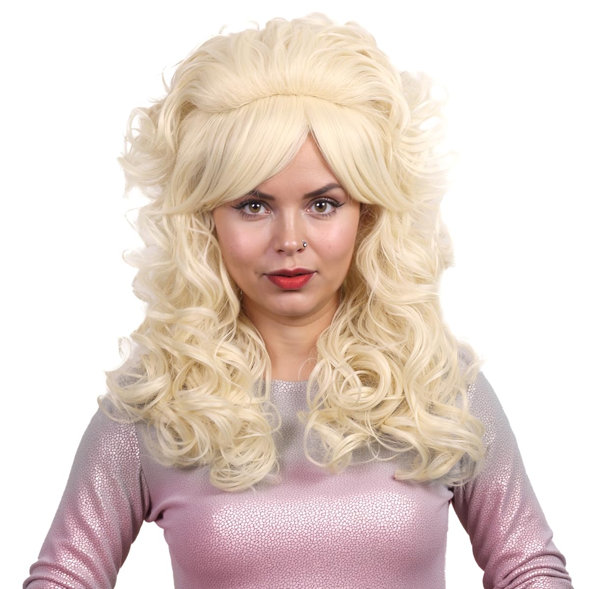 FantaLook Blonde Long Curly Wig with Bangs, Vintage Costume Wig for Women | Retro 60s 70s 80s styling wig, ideal for queen cosplay, Halloween party, disco & themed fancy dress events.