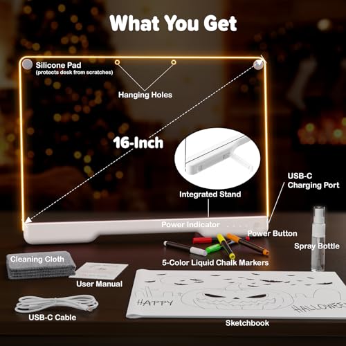 Geokay 16" Rechargeable LED Drawing Board with 9-Color Light Effects | Birthday & Christmas Gift Idea for Girls/Boys/Kids/Teens, Doodle Neon Glow Pad with Built-in Stand Tracing Book & 7 Markers