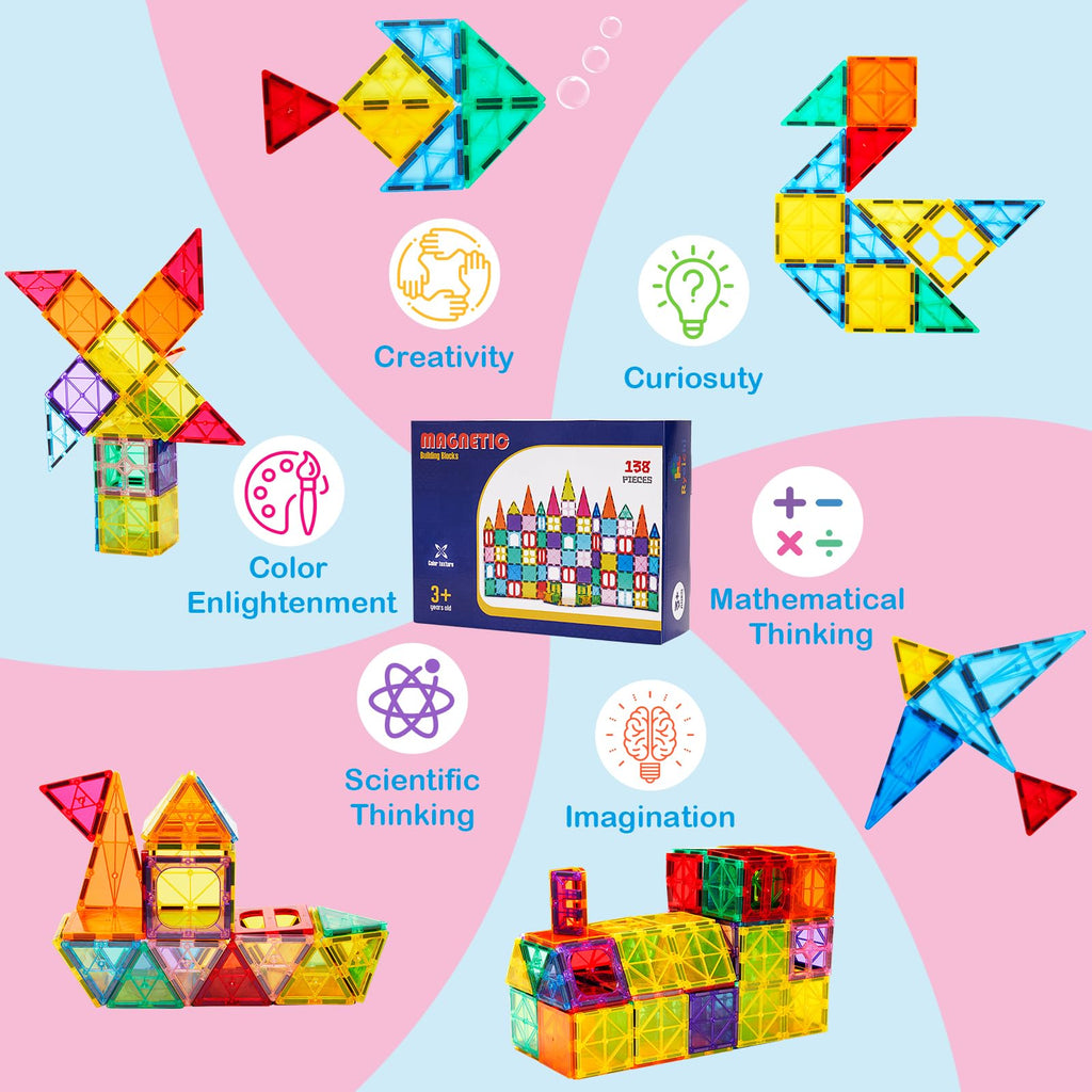 Ryoichi 138PCS Magnetic Tiles Set with 2 Cars for Kids Ages 3-9+ Years | STEM Educational Construction Building Blocks & Montessori Learning Toys