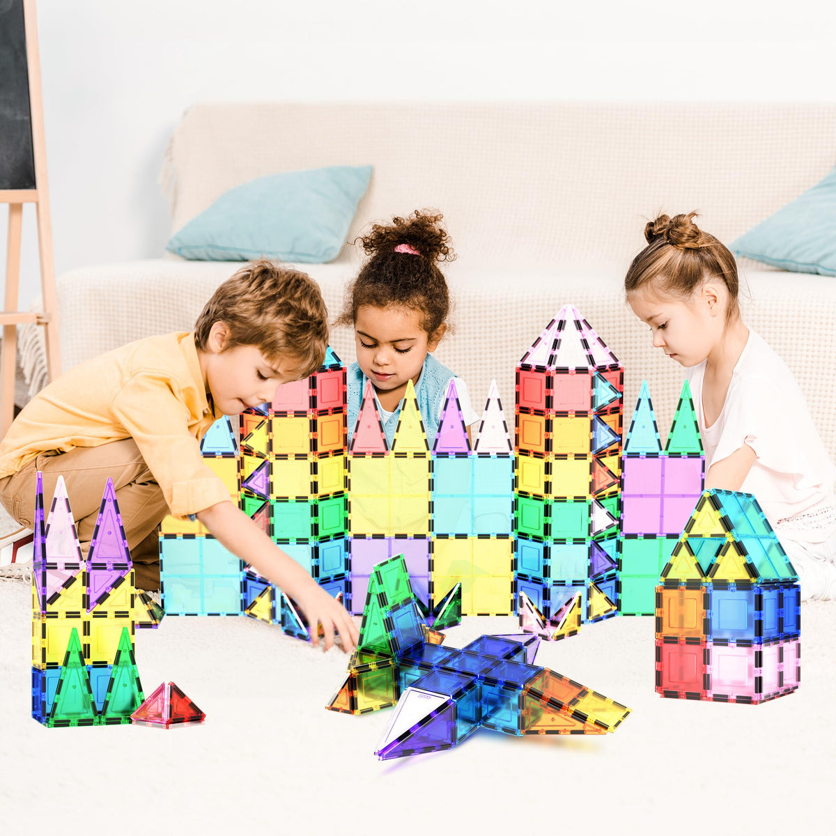 PicassoTiles 100 Piece Magnetic Tiles, Clear 3D Building Blocks for Kids 3+ | No-limit scalable builds, hands-on magnet polarity fun, family group play, quick assemble & store, shape & color recognition