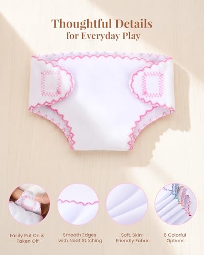 BABESIDE Baby Doll Diapers, 6 Reusable Diapers for 12-15 Inch Baby Dolls | Washable Baby Doll Accessories for Diaper Changing Pretend Play, Doll Diaper Set for Ages 3+