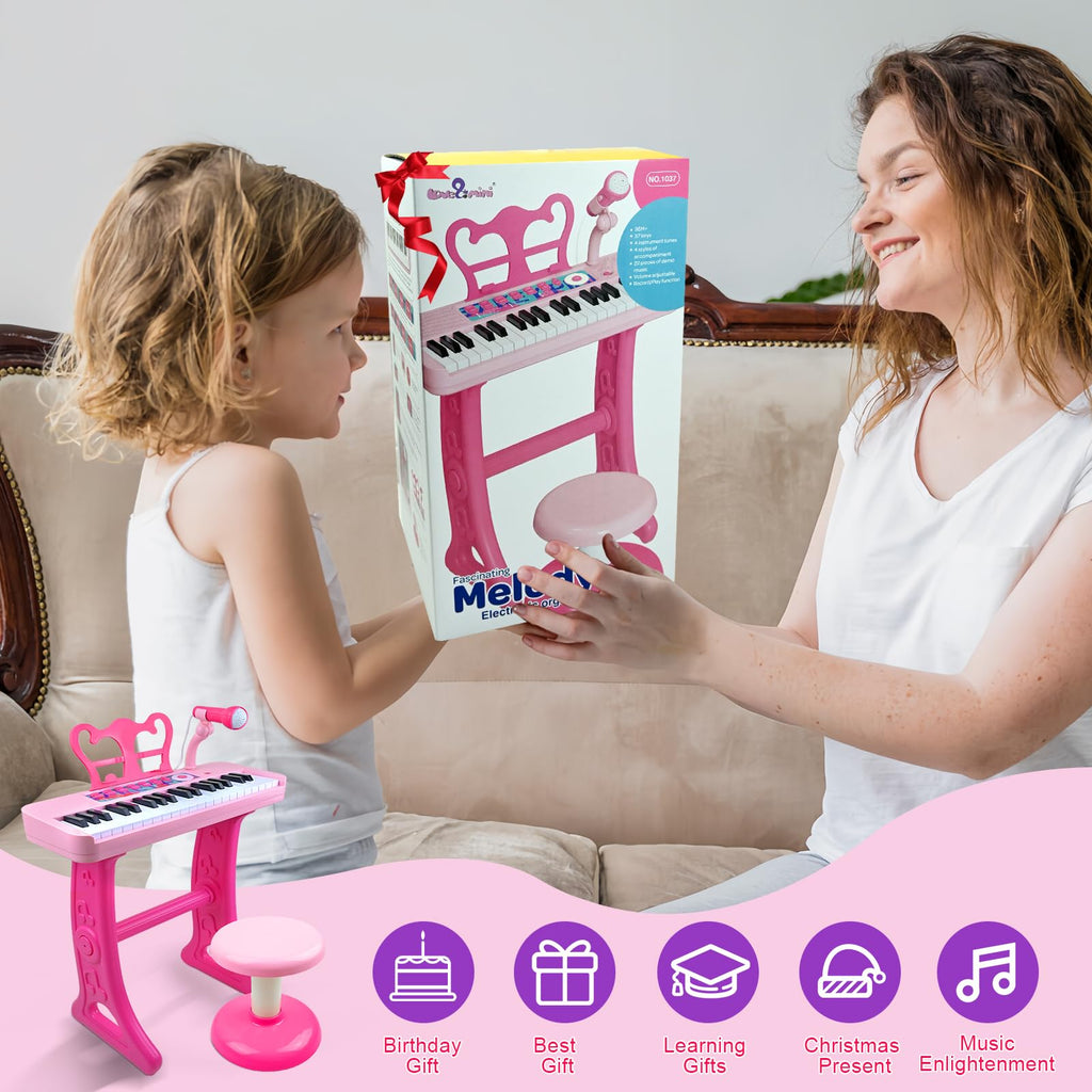 Love&Mini Kids Piano Keyboard Toys for Girls | 37-Key Kids Piano Keyboard with Stool, Stand & Microphone, Pink Piano Toys for Girls Ages 3+