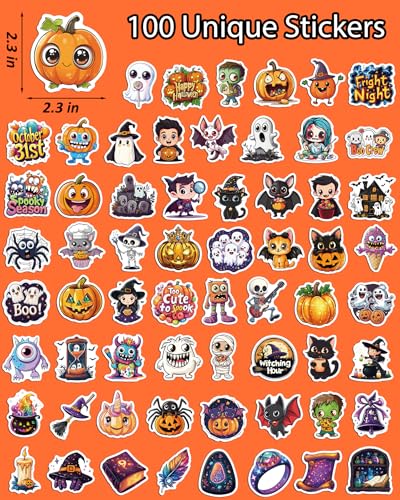 JCFIRE Halloween Stickers for Kids, 100 PCS Halloween Party Favors | 100 unique 2.3 in waterproof vinyl stickers for goodie bags, treat bags, crafts, water bottles and party favors