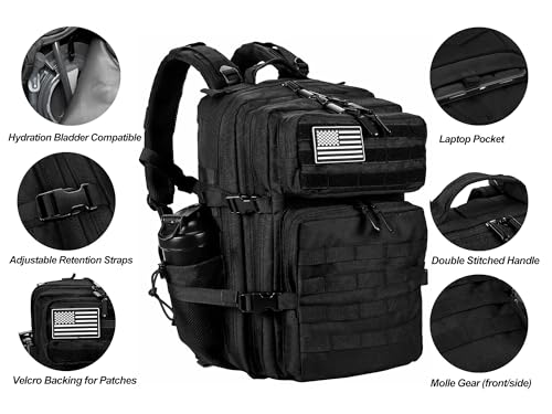 LHI Military Tactical Backpack for Men and Women 45L Army 3 Days Assault Pack Bag Large Rucksack with Molle System Black