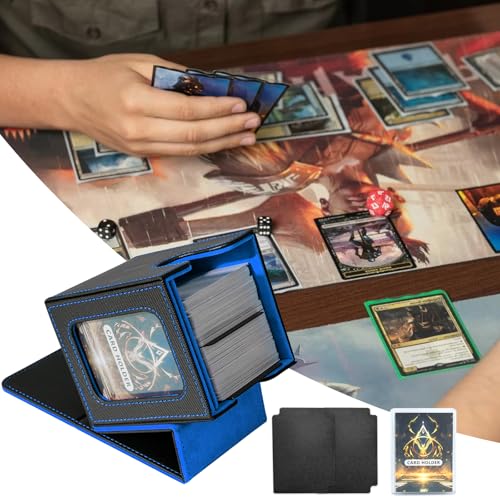 Card Deck Box for MTG Commander, Deck Case Holds 100 Double-Sleeved Cards | Magnetic Card Display Case, Magic Card Storage Box Fits for TCG/PTCG/CCG Card with 2 Dividers & 1 Top Loader,Black&Blue