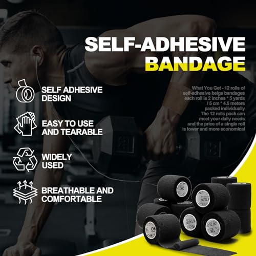 OK TAPE 12 Rolls Self Adhesive Bandage Wrap, Cohesive Elastic Athletic Tape