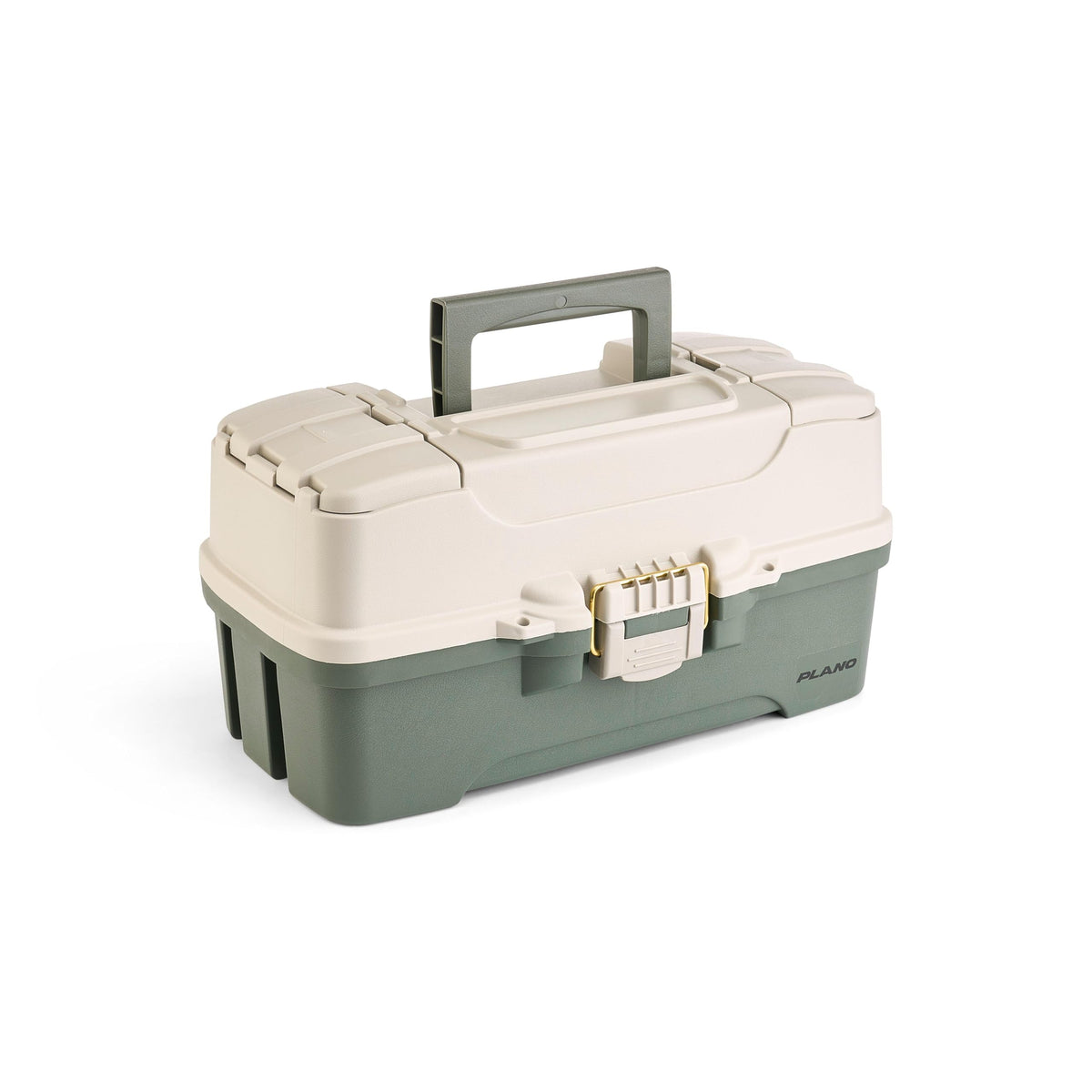 Plano Two-Tray Tackle Box, Green/Tan, Rust-Proof Brass Latch, Top-Access Tray with Deep Storage, Made in the USA, Portable Fishing Gear Storage Organizer