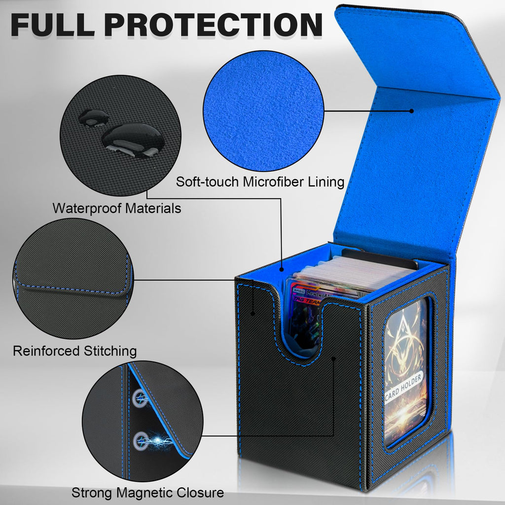 Card Deck Box for MTG Commander, Deck Case Holds 100 Double-Sleeved Cards | Magnetic Card Display Case, Magic Card Storage Box Fits for TCG/PTCG/CCG Card with 2 Dividers & 1 Top Loader,Black&Blue